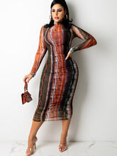 Mesh Long Sleeves Print Bodycon Midi Dress