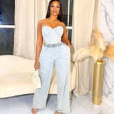 Strapless Elastic Waist Denim Sets