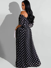 Chiffon Off Shoulder Polka Dot Maxi Dress