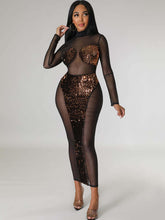 Mesh Sequin Patchwork Long Sleeve Maxi Dress