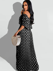 Chiffon Off Shoulder Polka Dot Maxi Dress