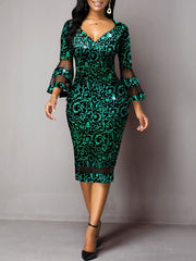 Bell Sleeve Floral Print Bodycon Midi Dress