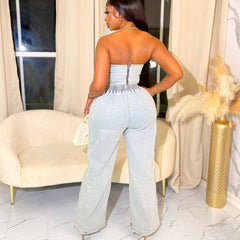Strapless Elastic Waist Denim Sets