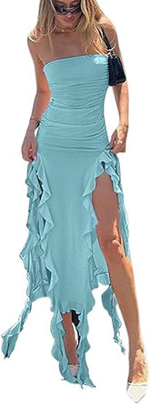 Ruffle Strapless Tassel Split Dress