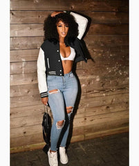 Button Down Striped Baseball Jacket