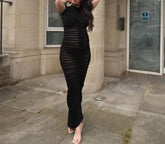 Mesh Short Sleeve Bodycon Ruched Maxi Dress