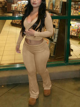 Two Piece Long Sleeve Crop Top Flare Pants Sets