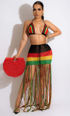 Two Piece Crochet Fishnet Bikini Top Tassel Skirt