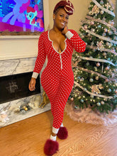 Christmas Dot Print V Neck Long Sleeve Button Jumpsuit
