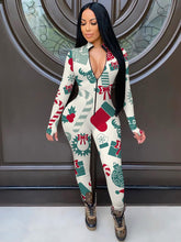 Christmas Print Zip-up Long Sleeve Jumpsuit