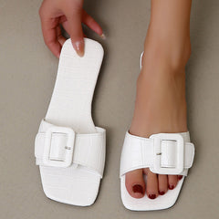 Flat Slip-On Sandals with Square Toe and Buckle in 2 Colors