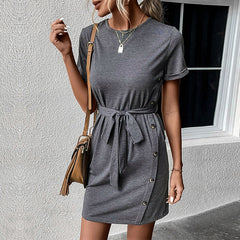 Short Sleeve Dark Grey T-Shirt Dress with Waist Tie S-XL