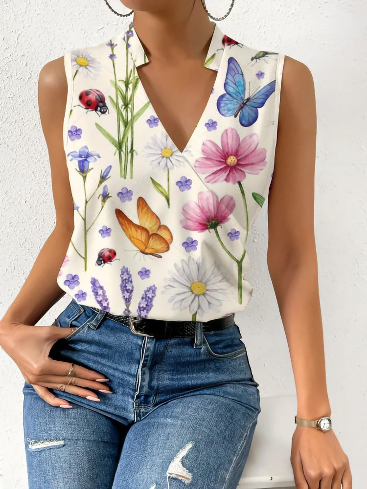 V-Neck Printed Sleeveless Blouse