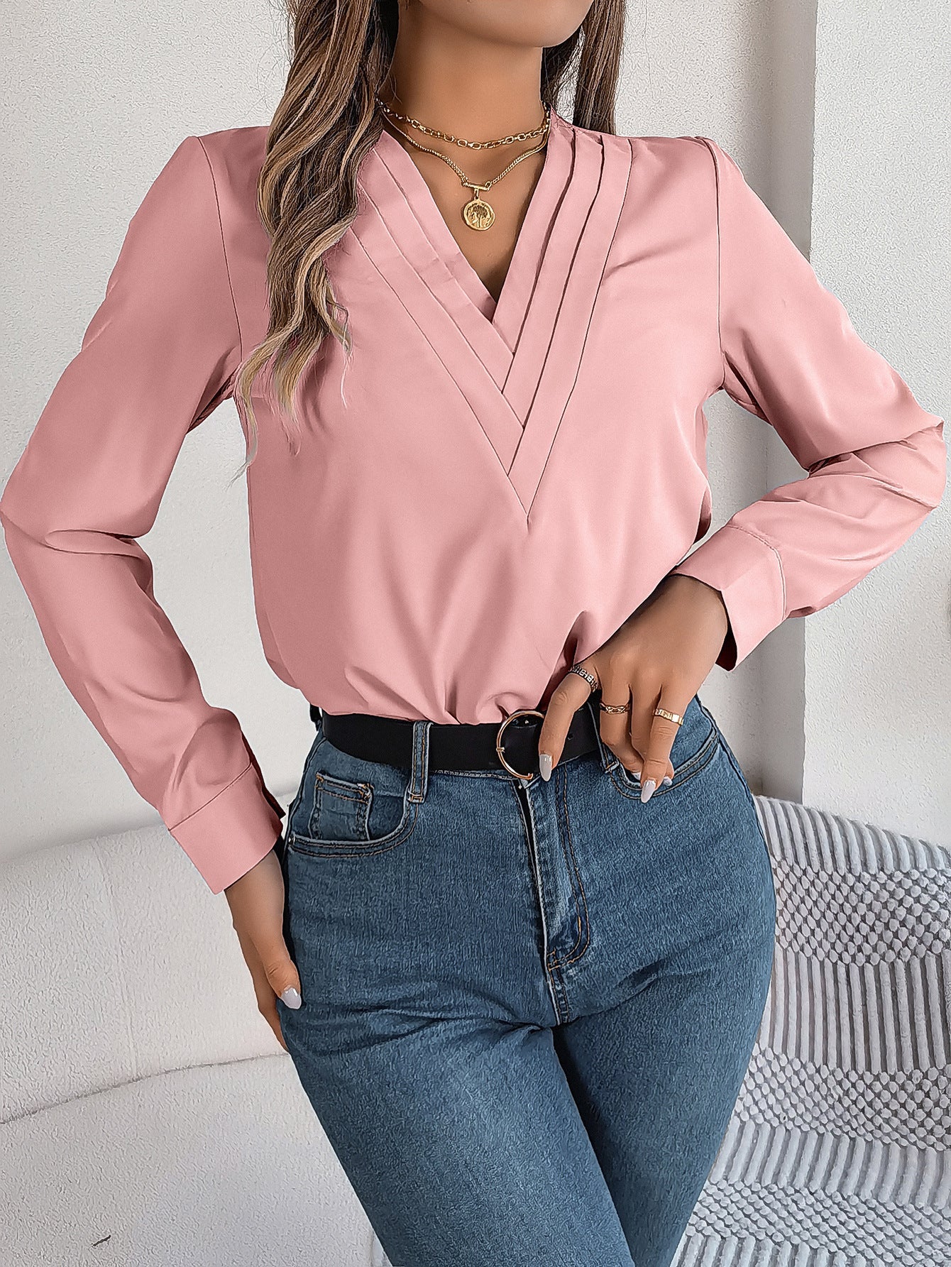 Elegant V-Neck Long Sleeve Blouse