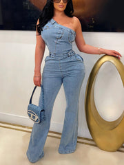 One Shoulder Asymmetrical Denim Jumpsuit