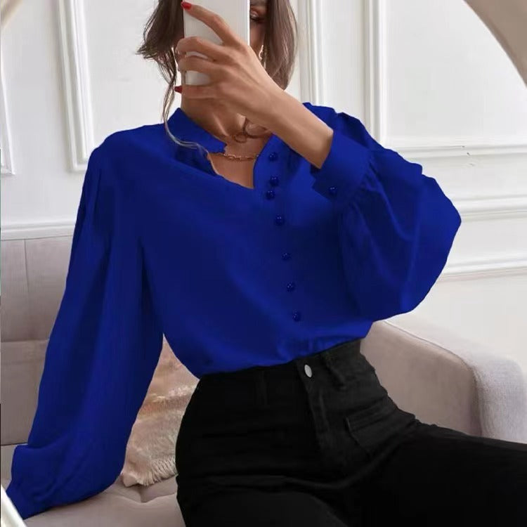 Mock Neck Long Sleeve Blouse with Pleated Collar