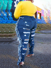 Plus Size Fringe Ripped Cutout Denim Jeans