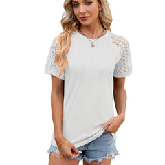 Round Neck Short Lace Sleeve Pleated Top in 8 Colors S-XXL