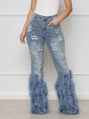 Feather Beaded Distressed Flare Jeans