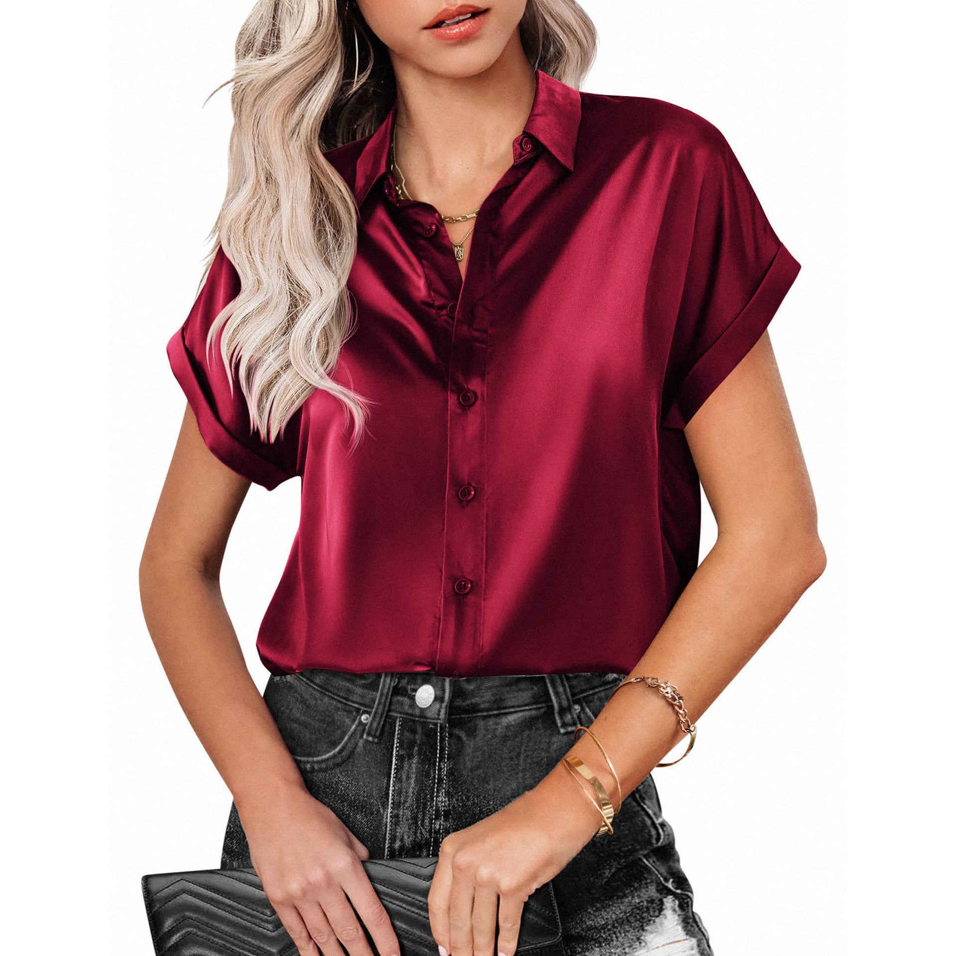 Button-Up Short Sleeve Blouse with Lapel