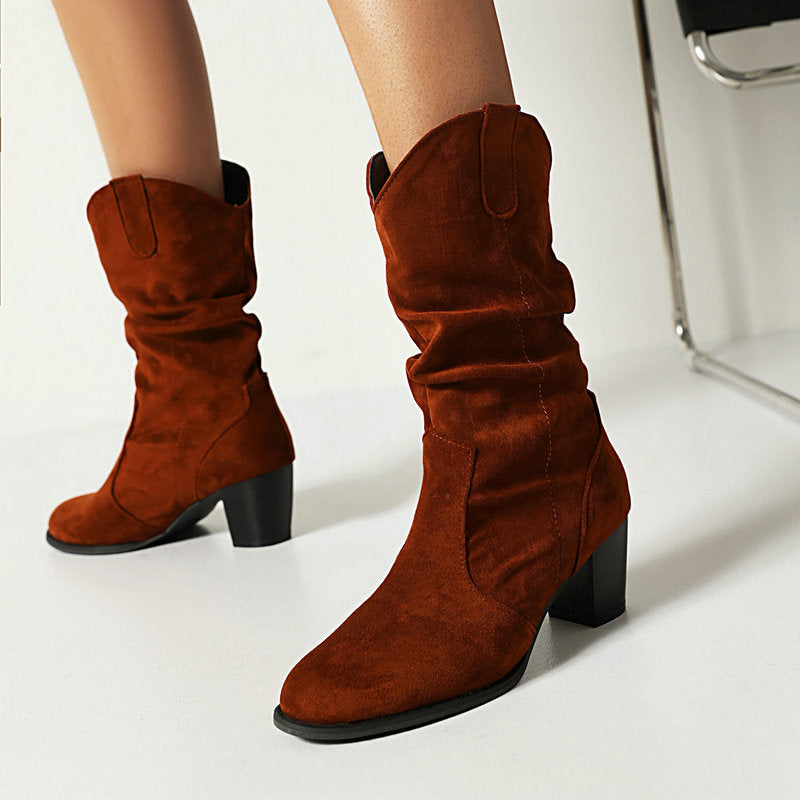 Suede Chunky Heel Mid-Calf Boots in 4 Colors