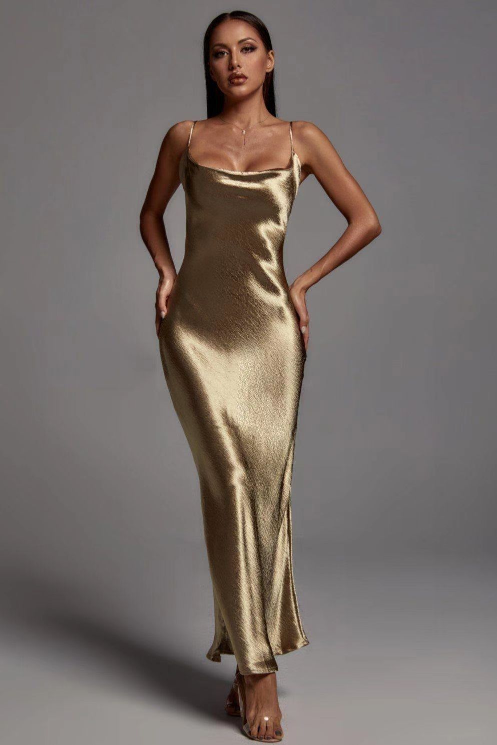 Satin Sleeveless Floor Length Evening Party Dress in 2 Colors S-XL