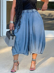 Elastic Waist Wide Leg Cropped Denim Jeans