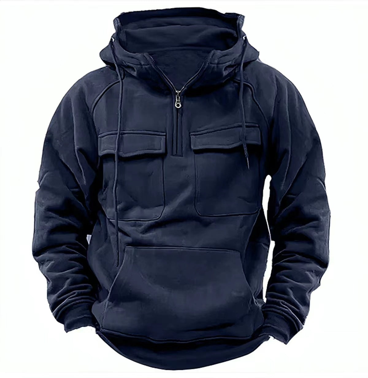 Men's Half Zip Long Sleeve Pullover with Drawstring and Pockets in 3 Colors M-XXXL