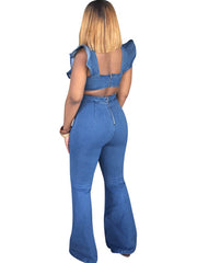 Denim Ruffle Sleeveless Zip Up Jumpsuit