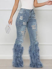 Feather Beaded Distressed Flare Jeans