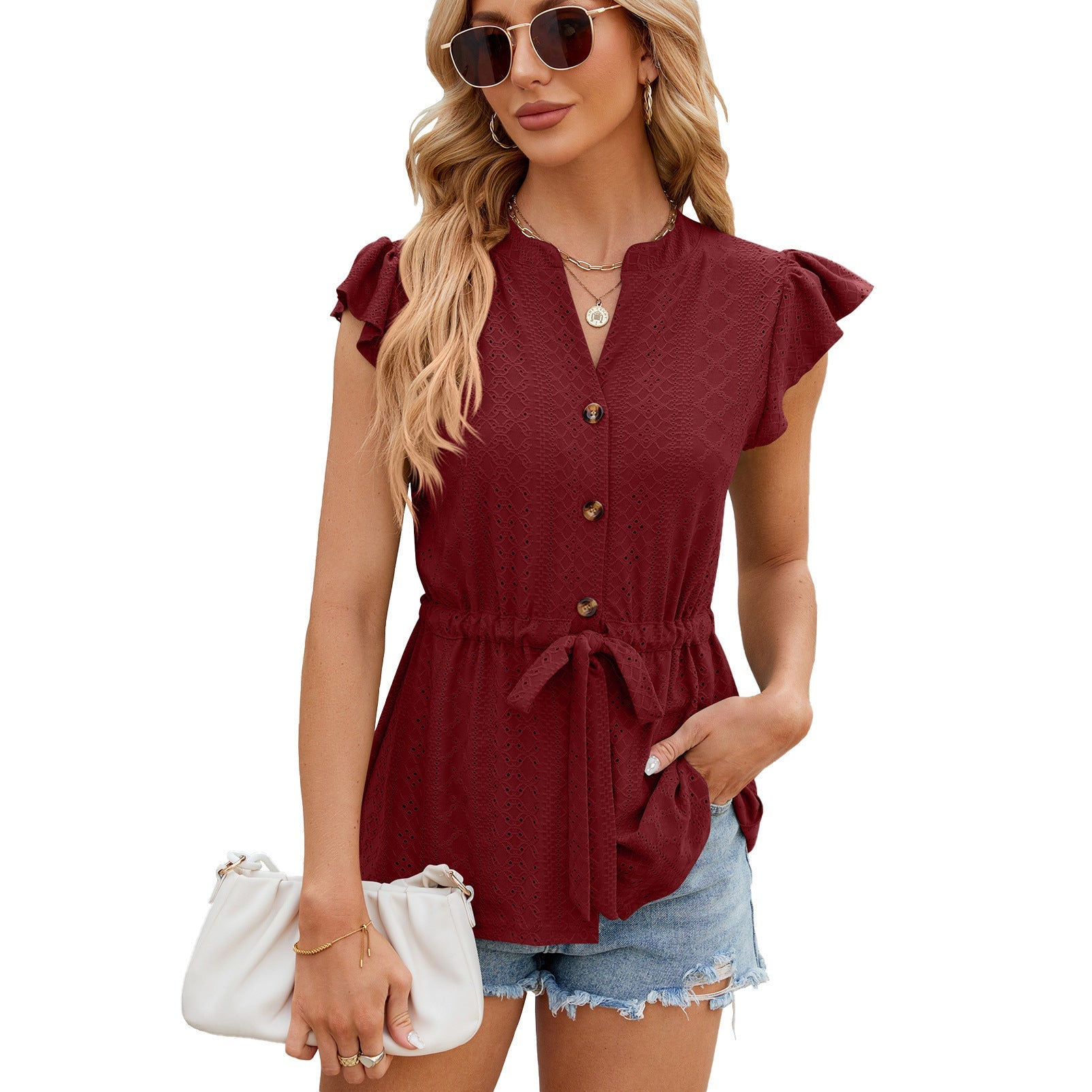 V-Neck Short Sleeve Top with Drawstring Waist