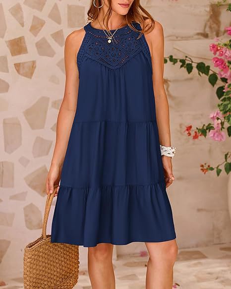 Halterneck Loose Fit Sleeveless Summer Dress with Lace in 8 Colors S-XXL