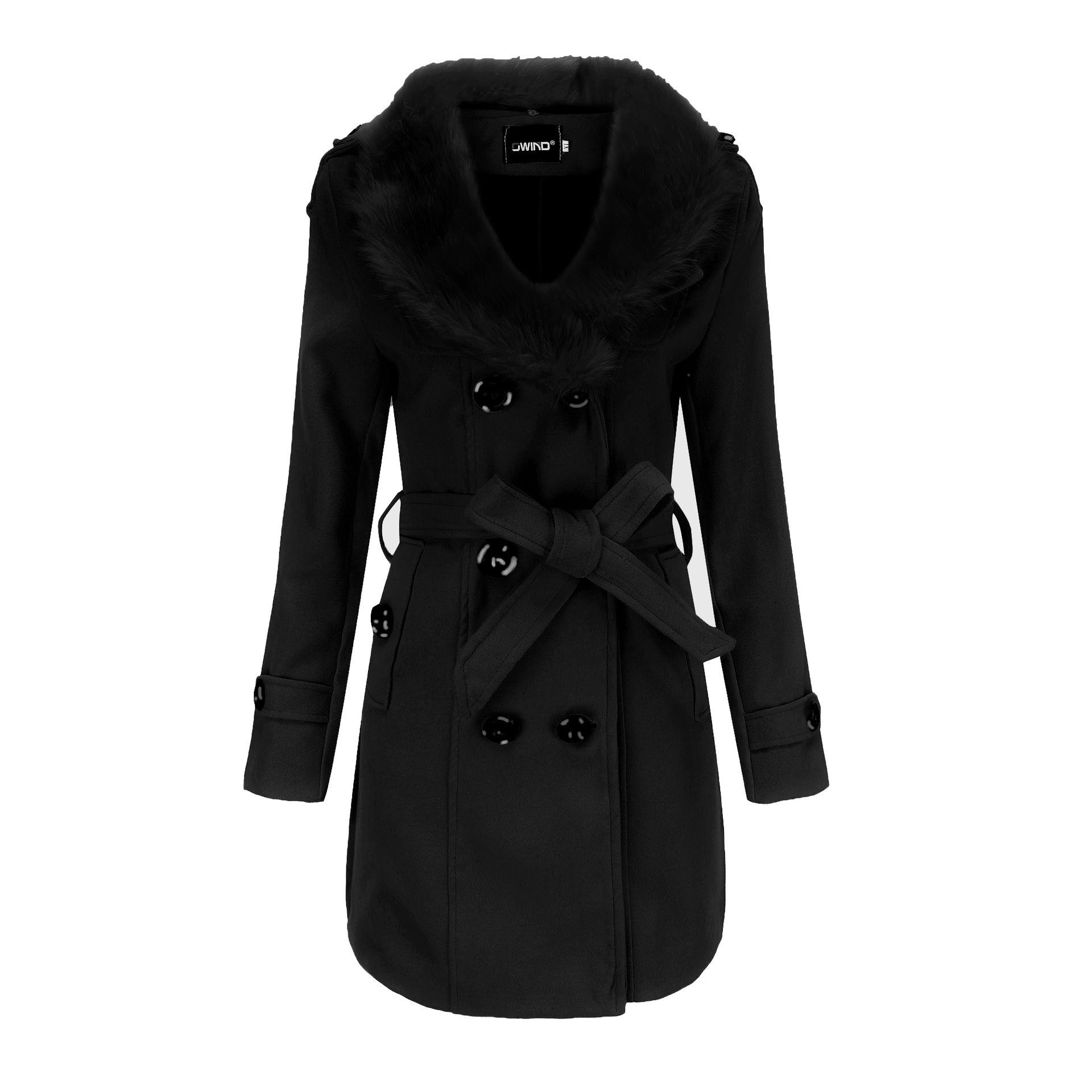 Mid Length Wool Coat with Fur Collar and Waist Tie