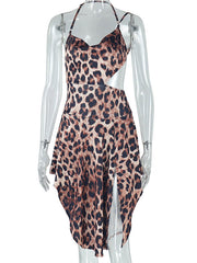 Asymmetrical Leopard Halter Neck Dress