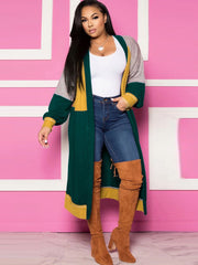Long Sleeves Color Block Long Cardigan