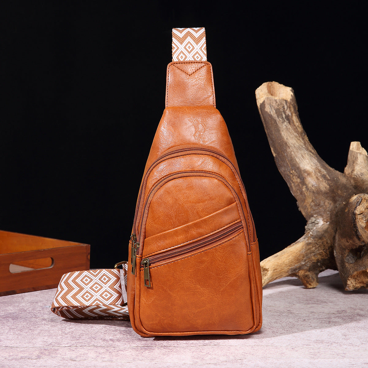 Solid Colour Crossbody Bag with Printed Strap