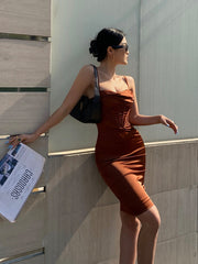 Sleeveless Midi Cocktail Dress with Corset and Spaghetti Straps