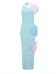 3D Floral Embellished Backless Halter Dress