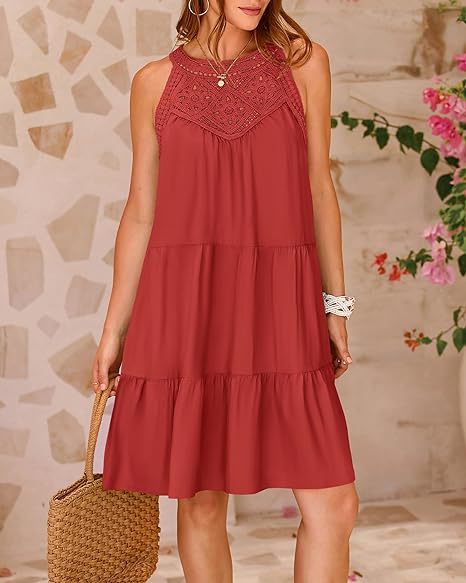 Halterneck Loose Fit Sleeveless Summer Dress with Lace in 8 Colors S-XXL