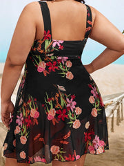 Plus Size Floral Print Mesh Bikini Romper