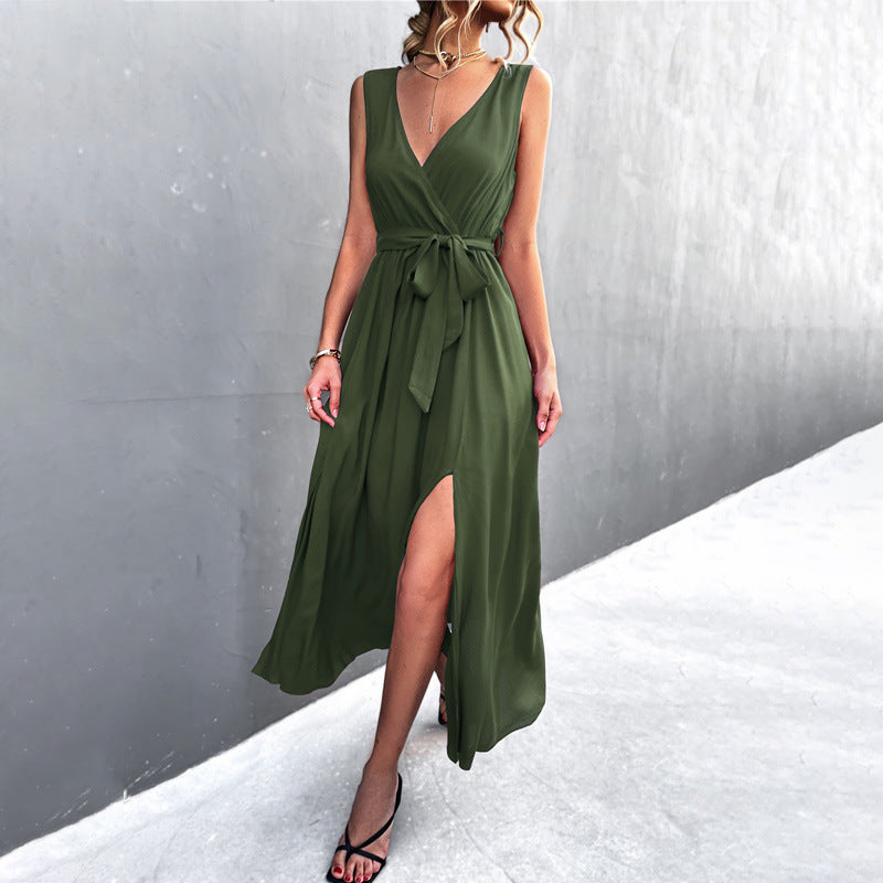 V-Neck Sleeveless Dress with Waist Tie and Leg Slit in 5 Colors S-XL