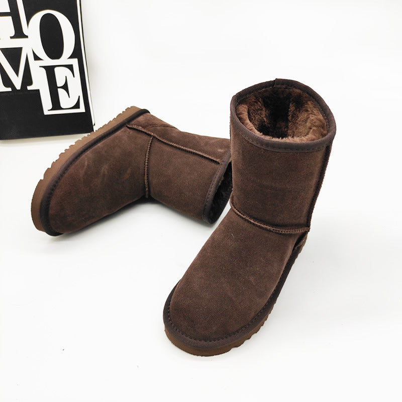 Leather Mid-Calf Flat Heel Snow Boots
