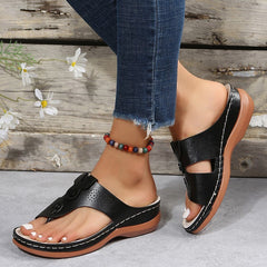 PU Leather Thong Roman Sandals with Wedge Heel