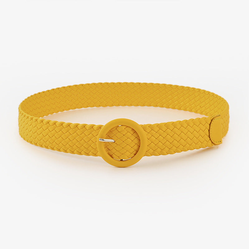 Woven Solid Colour Belt with Round Buckle