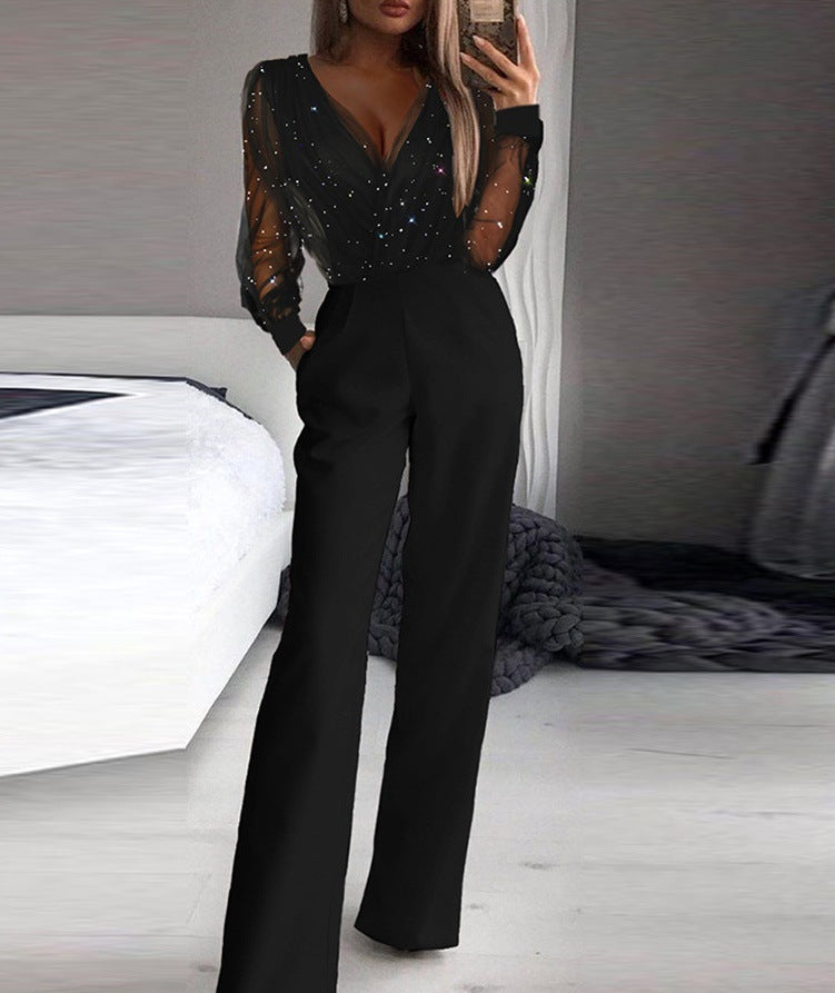 V-Neck Elegant Jumpsuit with Pockets and Mesh Long Sleeves in 2 Colors S-XL
