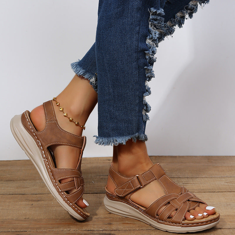 Strappy Flat Heel Sandals with Velcro Ankle Strap in 2 Colors