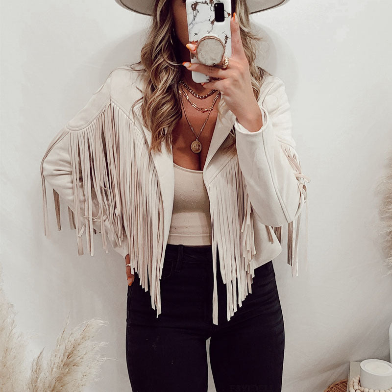 PU Leather Deerskin Jacket with Tassels in 3 Colors S-XL