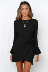 Long Sleeve Ruffled Dress with Flared Sleeves and Side Bow in 8 Colors S-XL