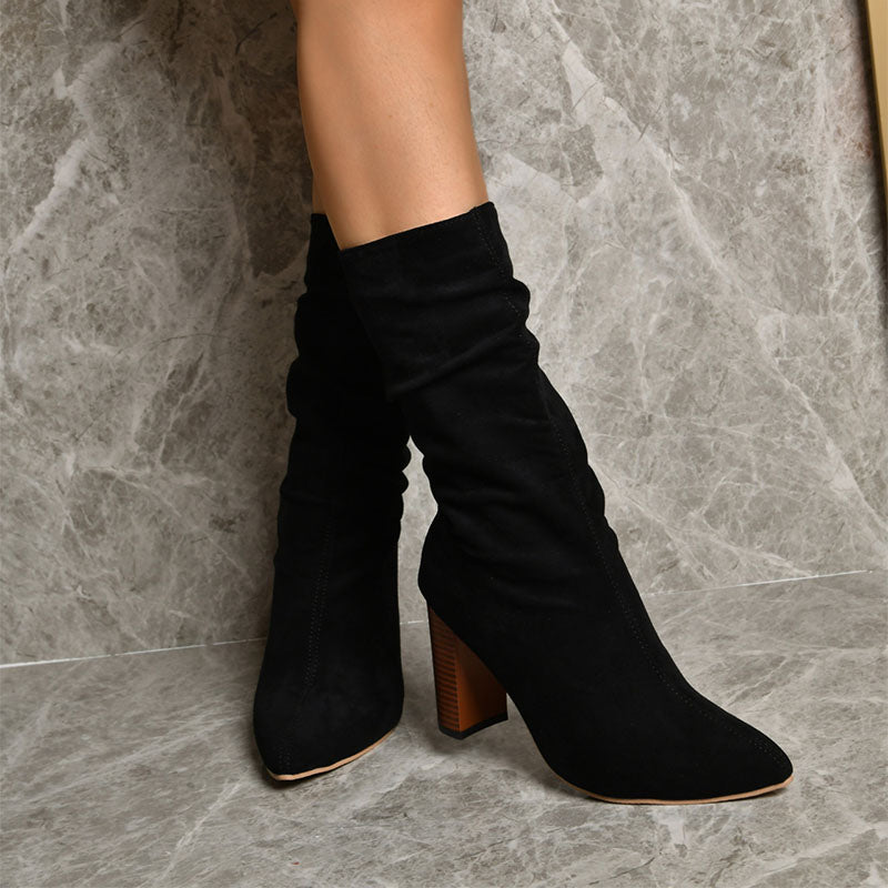 Suede Mid Calf High Heel Boots with Pointed Toe