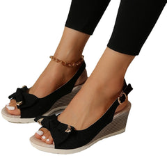 Open Toe Sandals with Wedge Heel and Bow in 3 Colors